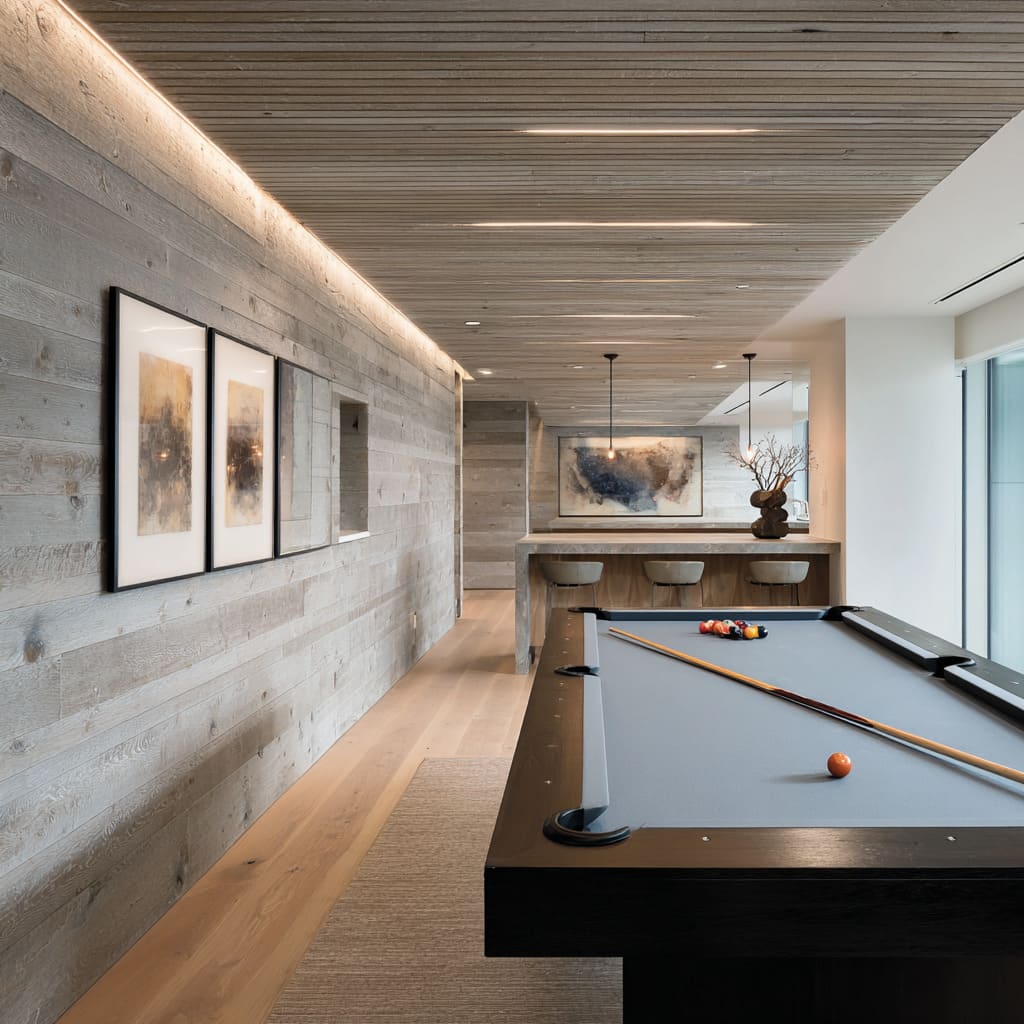 Linear snooker room inspiration with silvered wood walls, cove lighting, slate-gray felt, and calm directional symmetry Linear snooker room inspiration with silvered wood walls, cove lighting, slate-gray felt, and calm directional symmetry