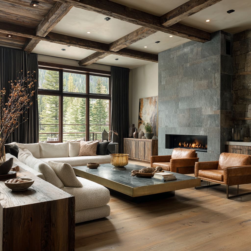 Lodge-inspired modern chalet interior inspo featuring rough-beam grid ceiling, slate-stone fireplace, creamy boucle sectional, caramel club chairs Lodge-inspired modern chalet interior inspo featuring rough-beam grid ceiling, slate-stone fireplace, creamy boucle sectional, caramel club chairs