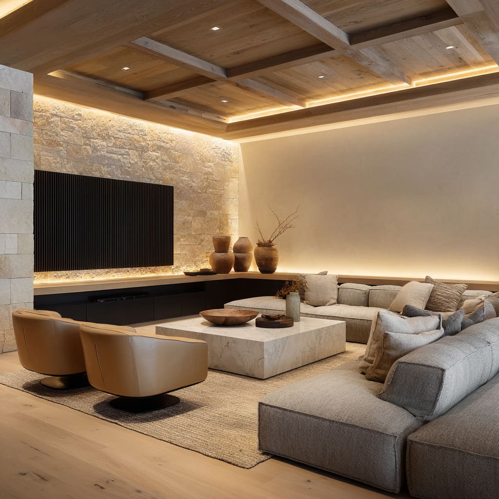 Lodge-leaning lounge design with oak coffer ceiling, lit rubble-stone wall, matte-black cabinets, ribbed black TV panel Lodge-leaning lounge design with oak coffer ceiling, lit rubble-stone wall, matte-black cabinets, ribbed black TV panel