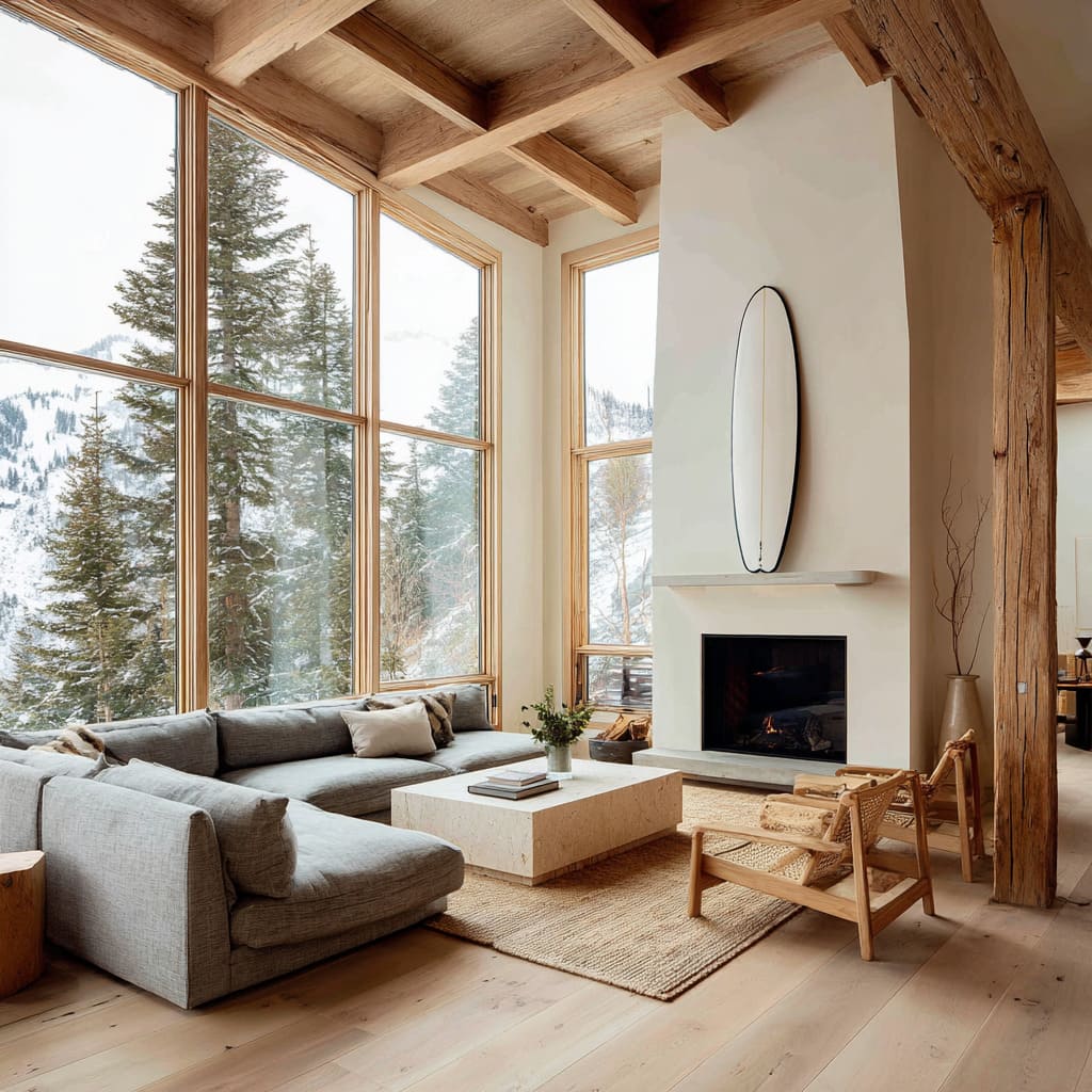 Concepto de choza de surf estilo lodge con vigas de roble, tabla color hueso sobre chimenea de piedra y mesa cúbica de terrazo que refleja el paisaje nevado. Concepto de choza de surf estilo lodge con vigas de roble, tabla color hueso sobre chimenea de piedra y mesa cúbica de terrazo que refleja el paisaje nevado.