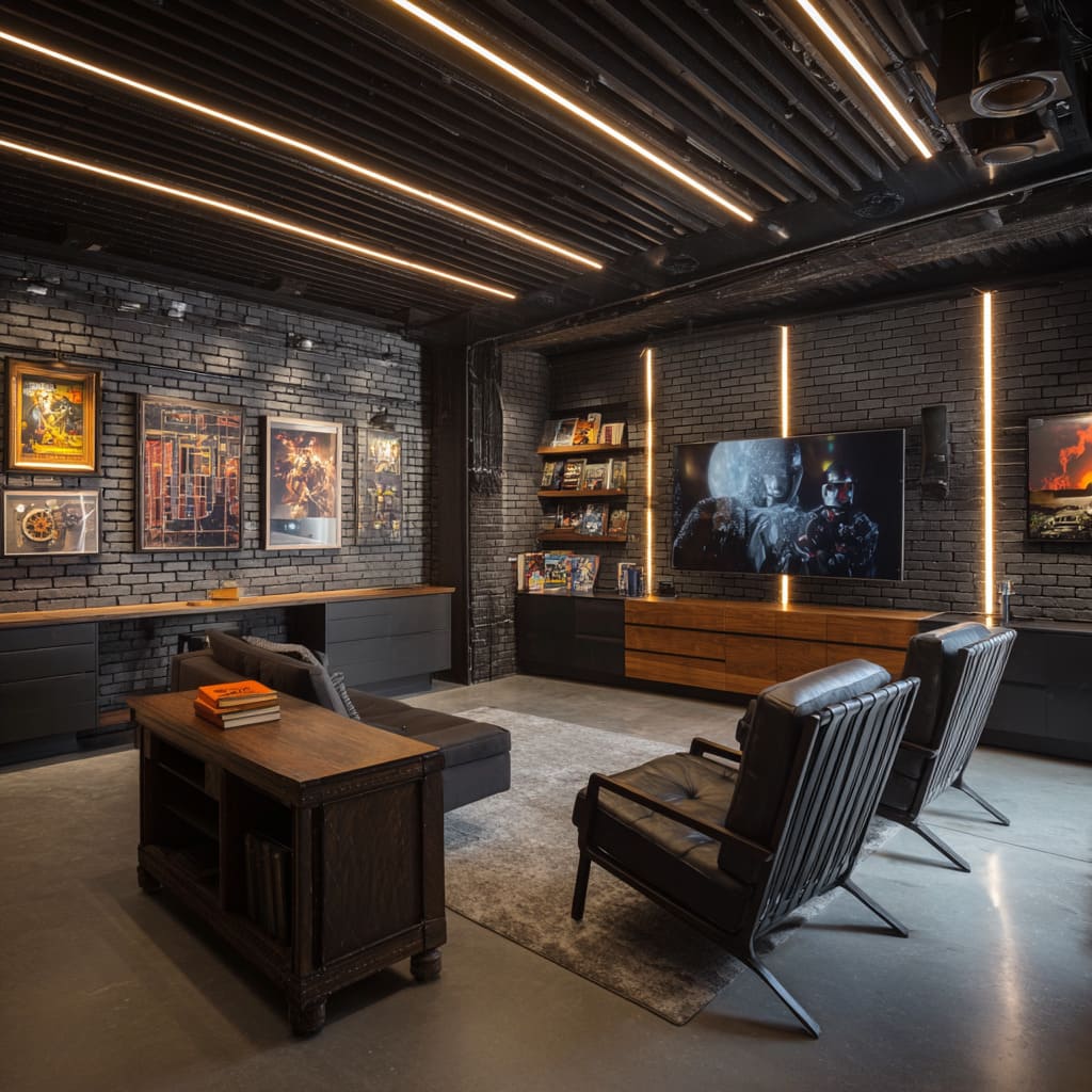 Loft-style garage man cave design featuring black brick walls, exposed joists with LED battens, wood desk and shelving Loft-style garage man cave design featuring black brick walls, exposed joists with LED battens, wood desk and shelving