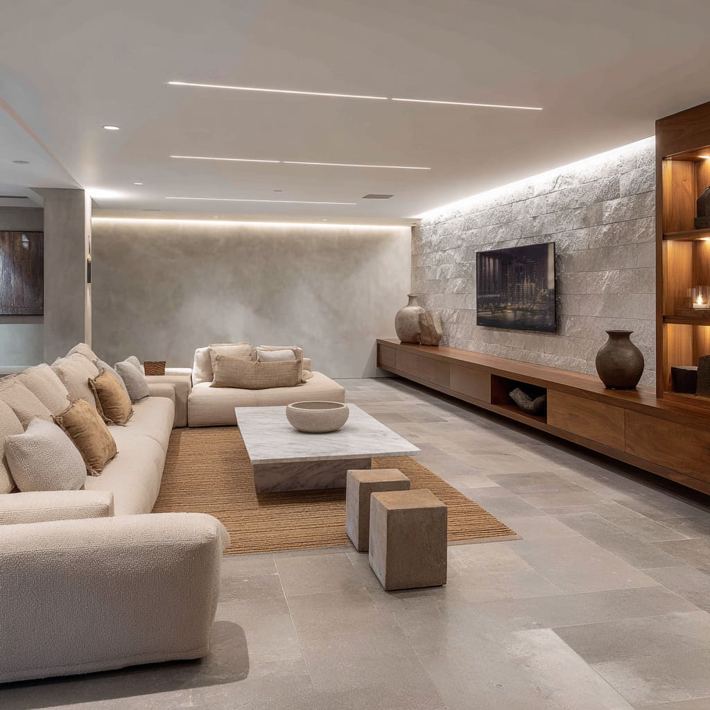 Long serene basement design with full-length split-stone wall, floating walnut Long serene basement design with full-length split-stone wall, floating walnut
