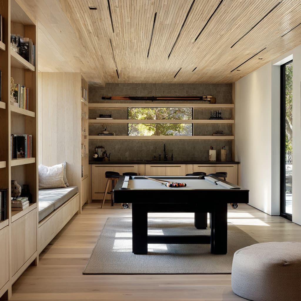 Long snooker room concept with wood-slat ceiling, pale tones, dark table, and built-in library bench for a balanced, thoughtful layout Long snooker room concept with wood-slat ceiling, pale tones, dark table, and built-in library bench for a balanced, thoughtful layout