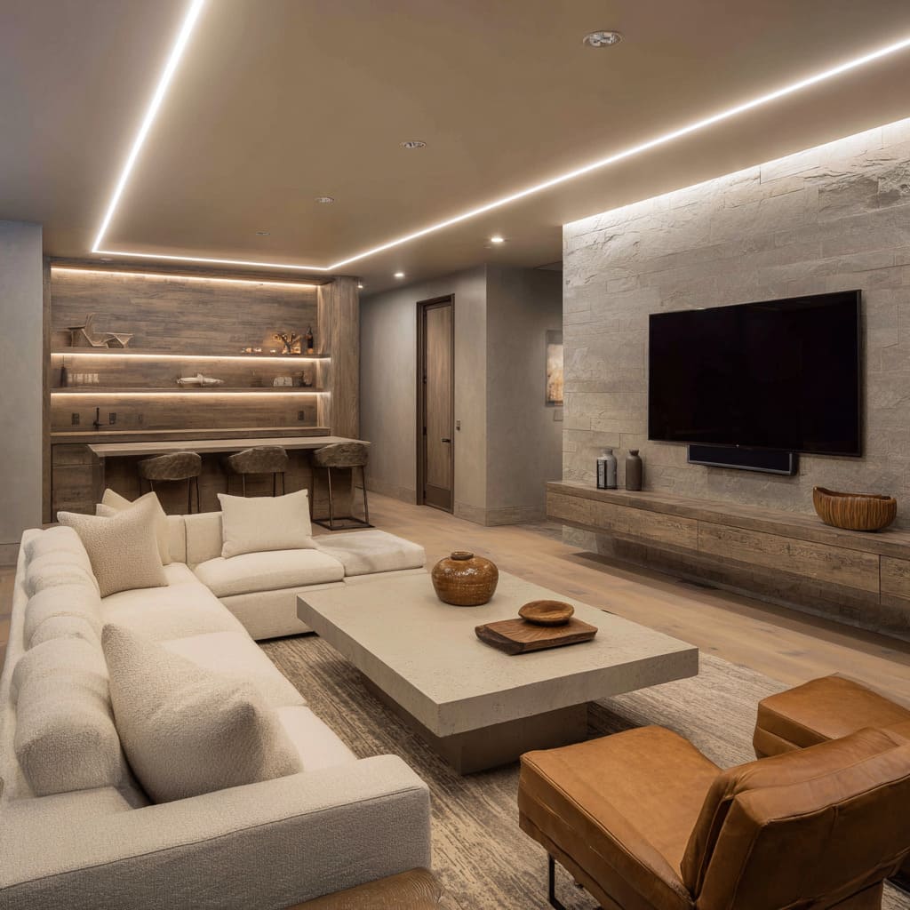 Lounge concept with L-shaped ceiling lights, timber niche with under-lit shelves, pale split-stone TV wall, floating driftwood-tone cabinet Lounge concept with L-shaped ceiling lights, timber niche with under-lit shelves, pale split-stone TV wall, floating driftwood-tone cabinet