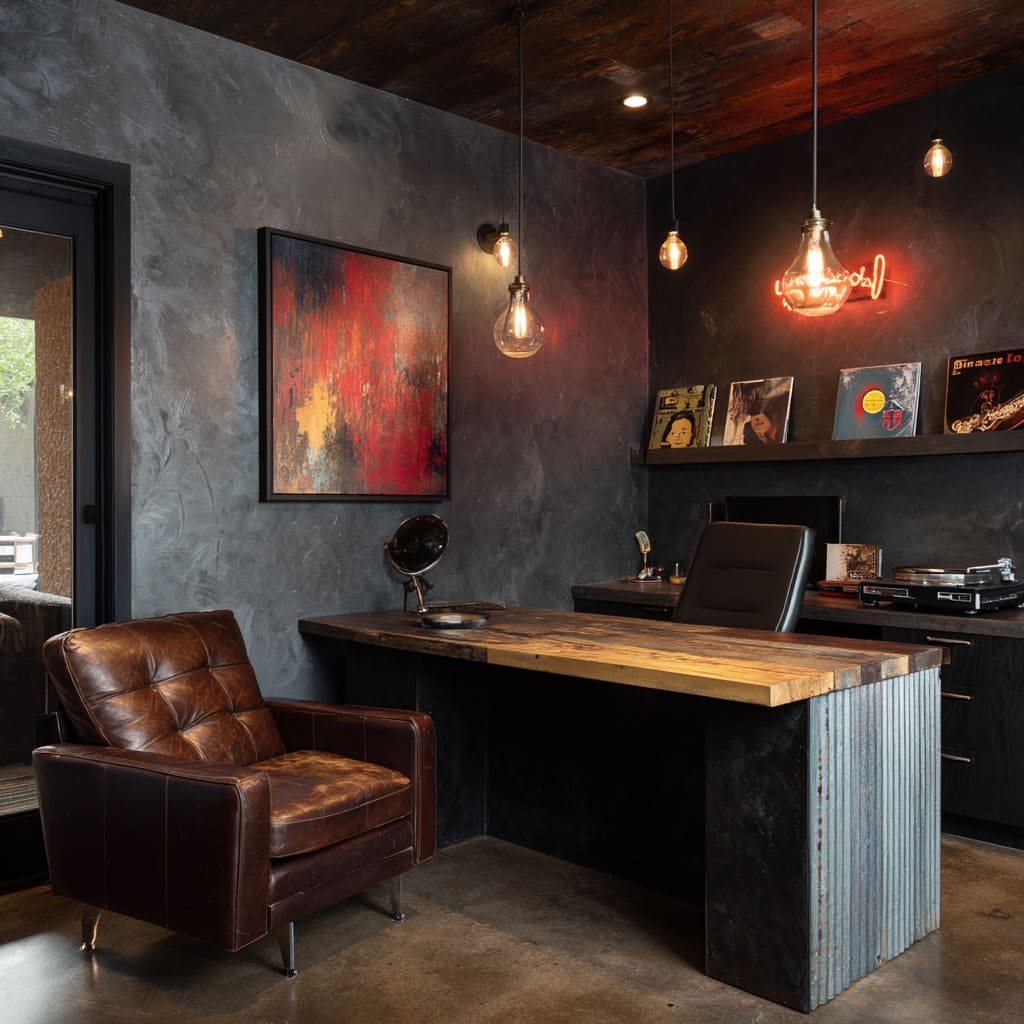 Lounge man cave office design with charcoal plaster, warm bulbs, leather chair, and vinyl display wall