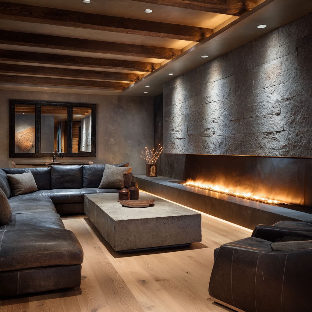 Low luxury man cave lounge design with long ribbon fireplace in dark metal trough beneath rough-cut stone, matte charcoal leather sectional Low luxury man cave lounge design with long ribbon fireplace in dark metal trough beneath rough-cut stone, matte charcoal leather sectional