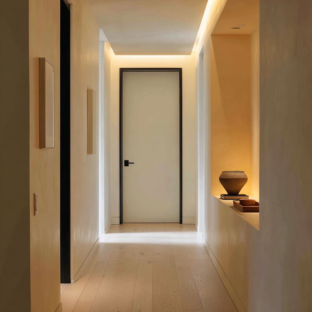 Low-sheen pale door with a narrow charcoal frame in a cove-lit hall concept