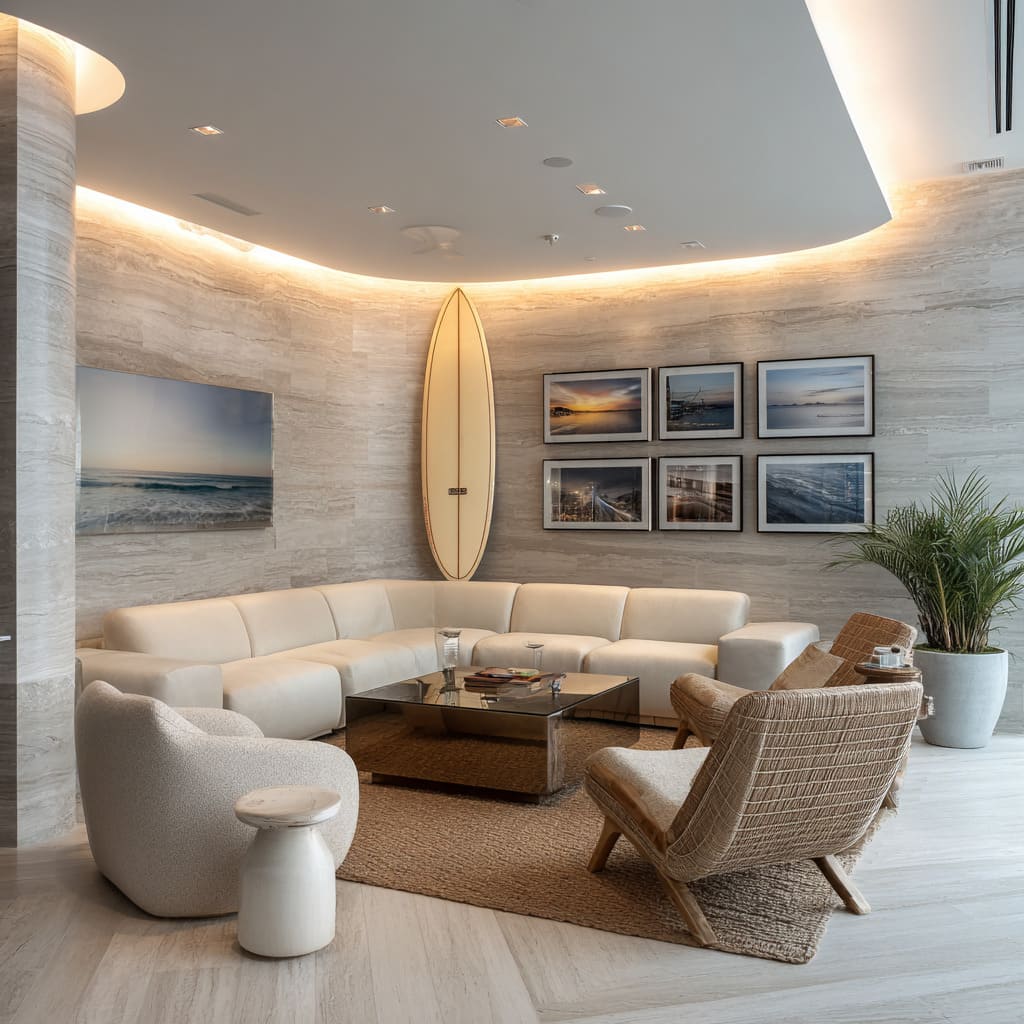 Luxury coastal man cave lounge inspo with curved stone wall, vertical surfboard centerpiece, mirrored coffee table, neutral seating Luxury coastal man cave lounge inspo with curved stone wall, vertical surfboard centerpiece, mirrored coffee table, neutral seating