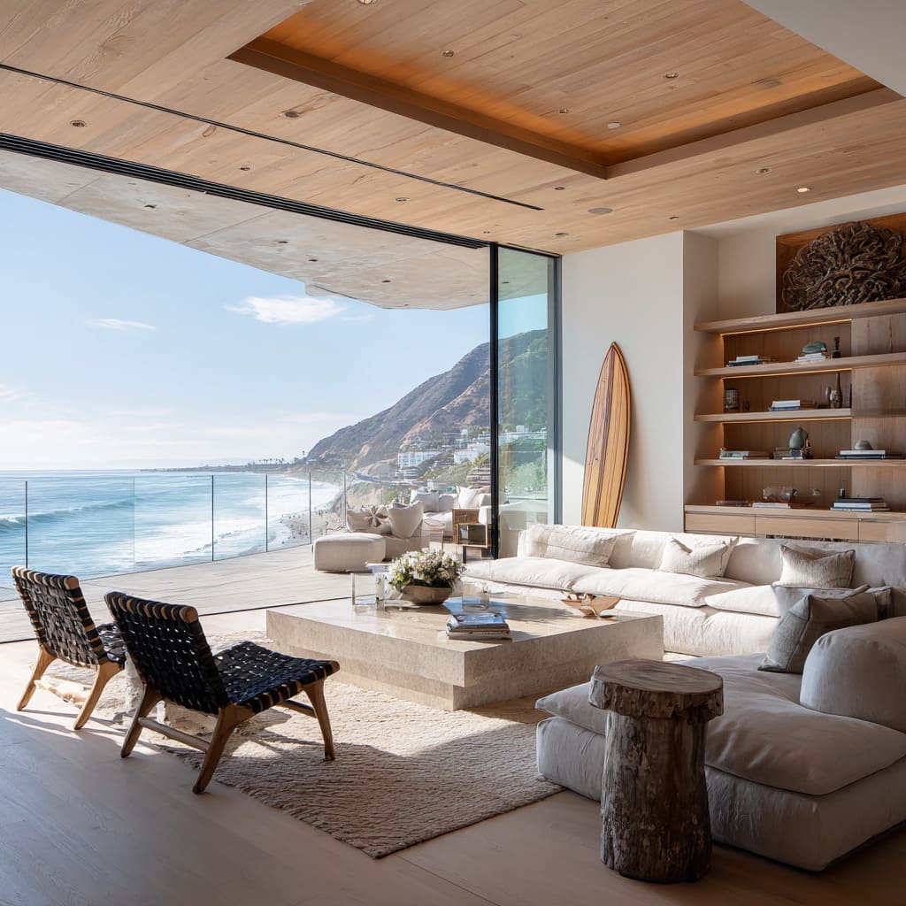 Concepto de casa surfista en Malibú con sofá seccional bajo, mesa de travertino y longboard iluminado junto a estanterías de roble con vista al mar. Concepto de casa surfista en Malibú con sofá seccional bajo, mesa de travertino y longboard iluminado junto a estanterías de roble con vista al mar.