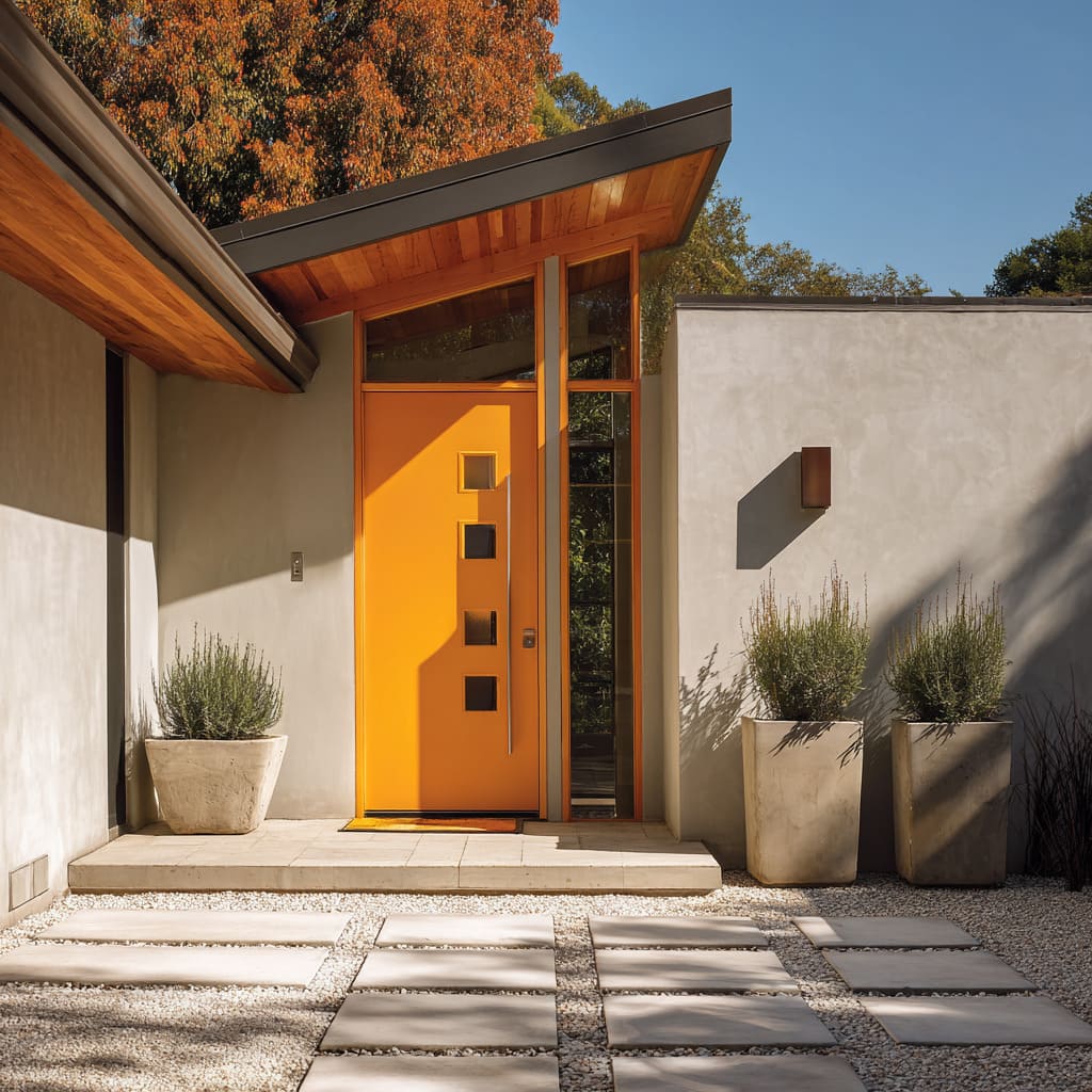 Matte marigold front door with matching mullions, honey-wood soffit, lavender planters Matte marigold front door with matching mullions, honey-wood soffit, lavender planters