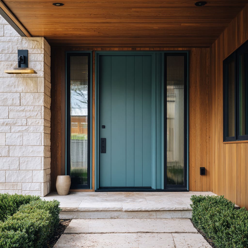 Matte storm-teal entry door with reeded sidelites, cedar porch, limestone steps, and sandy clay planter Matte storm-teal entry door with reeded sidelites, cedar porch, limestone steps, and sandy clay planter