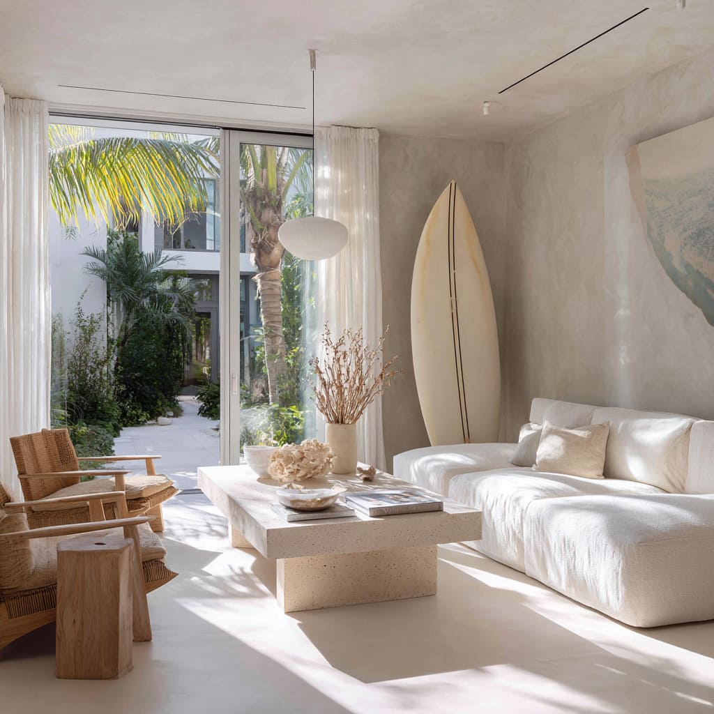 Miami surf style design with oyster-white plaster, terrazzo coffee table, cane chairs, and pale surfboard in a light-filled sitting room