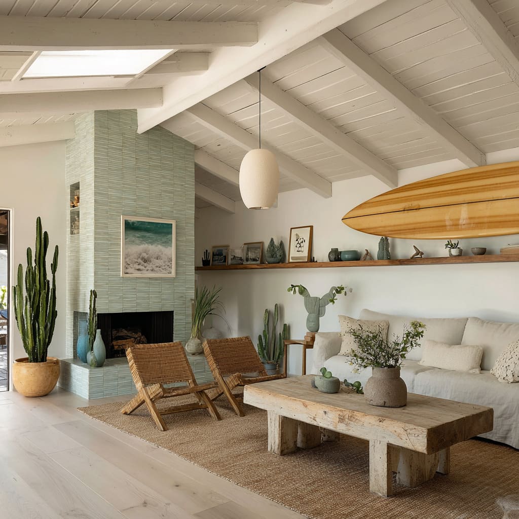 Diseño interior surfista de rancho mid-century con chimenea revestida en azulejos verde marino, repisa flotante decorativa y tabla horizontal barnizada. Diseño interior surfista de rancho mid-century con chimenea revestida en azulejos verde marino, repisa flotante decorativa y tabla horizontal barnizada.