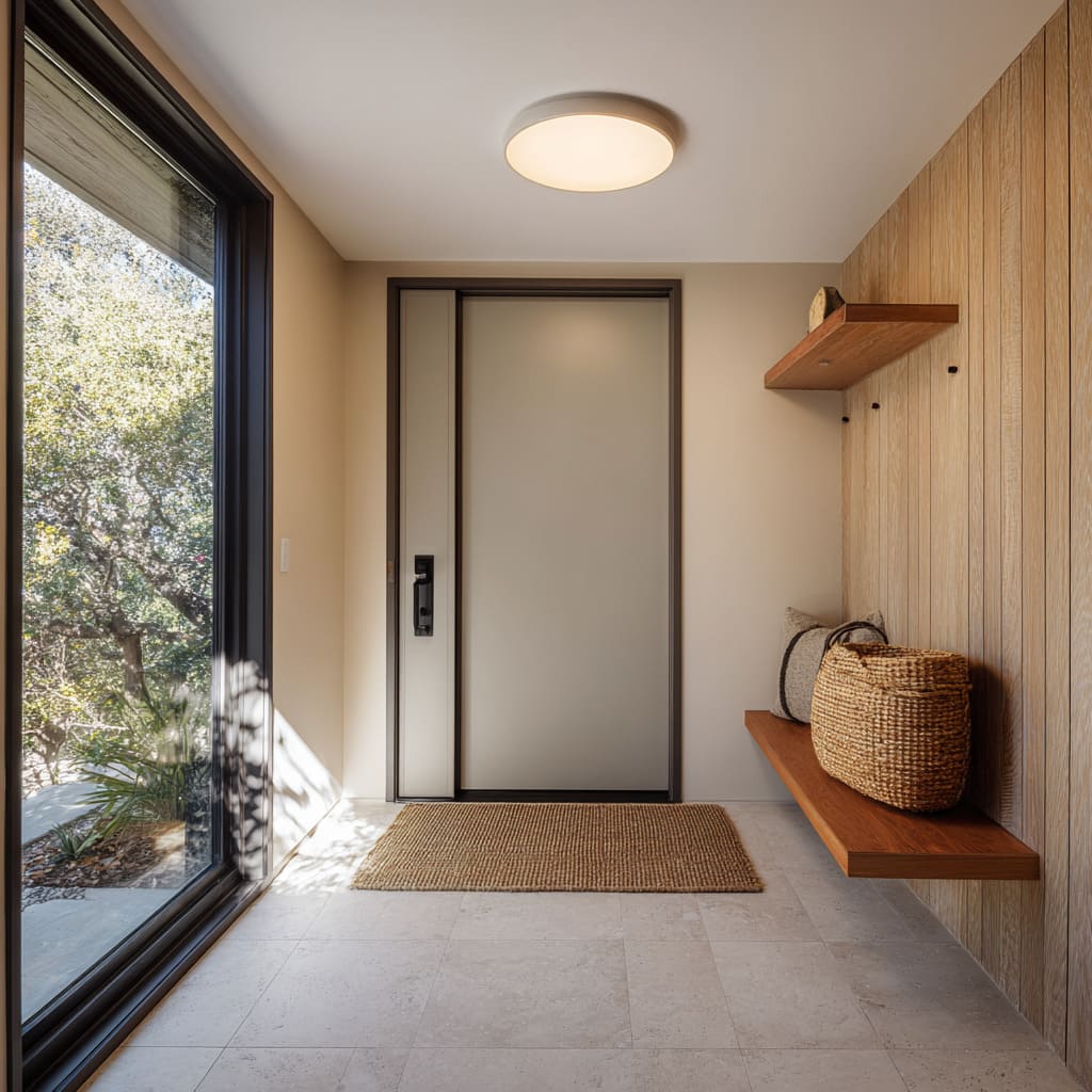 Milk-glass door panel with taupe-bronze frame beside a black-framed window wall Milk-glass door panel with taupe-bronze frame beside a black-framed window wall