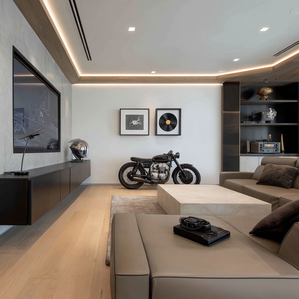 Minimalist high-end man cave media suite inspiration with floating black console, white and micro-cement walls, taupe leather sofas, limestone table Minimalist high-end man cave media suite inspiration with floating black console, white and micro-cement walls, taupe leather sofas, limestone table