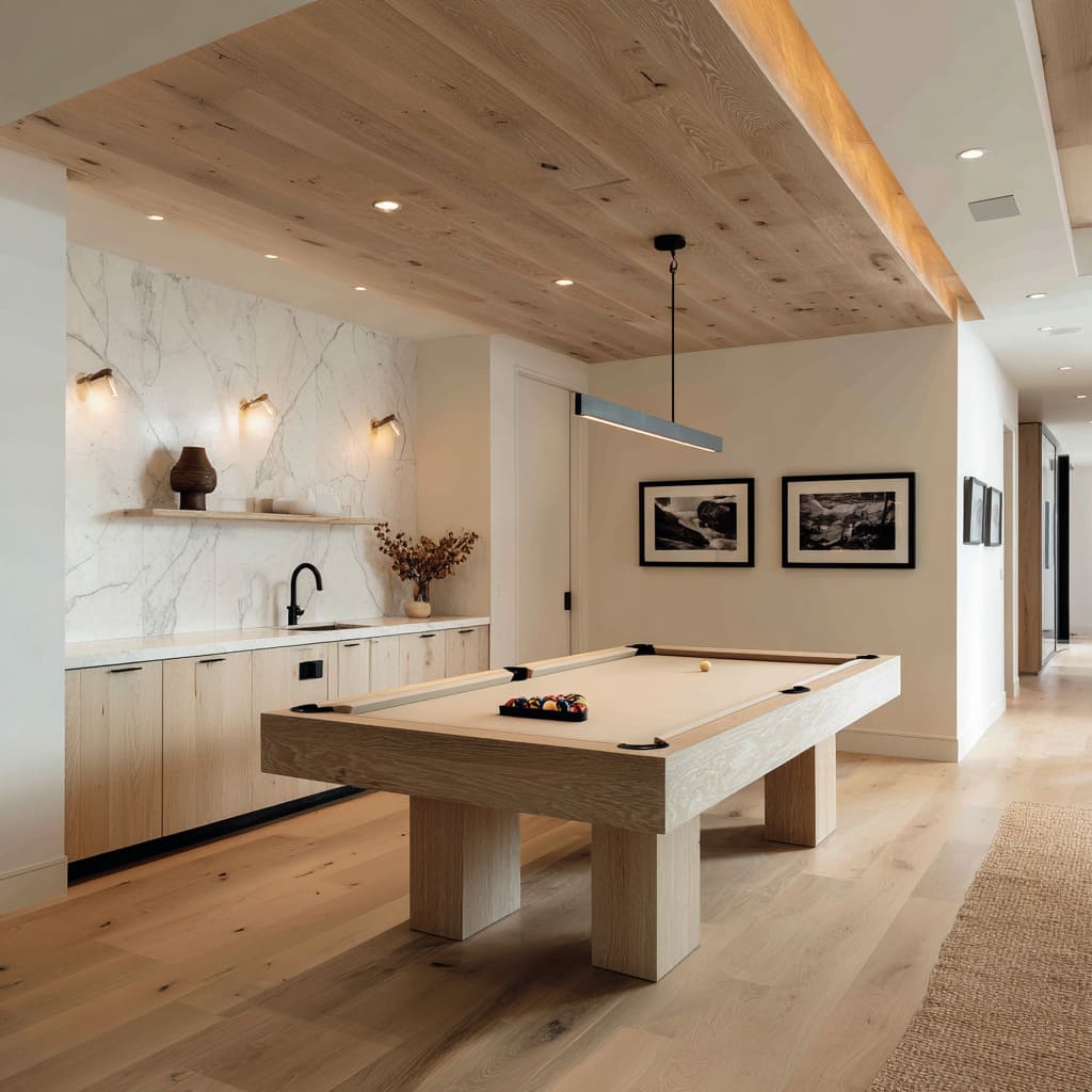 Minimalist snooker room inspo with oak ceiling recess, marble wall, brass sconces, and cream felt for a gallery-like feel Minimalist snooker room inspo with oak ceiling recess, marble wall, brass sconces, and cream felt for a gallery-like feel