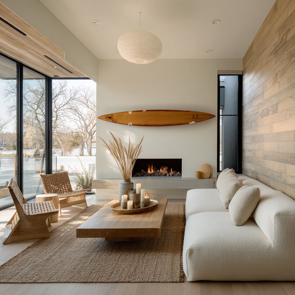 Diseño interior minimalista inspirado en el surf con tabla de madera color miel sobre chimenea moderna y sofá de bouclé. Diseño interior minimalista inspirado en el surf con tabla de madera color miel sobre chimenea moderna y sofá de bouclé.
