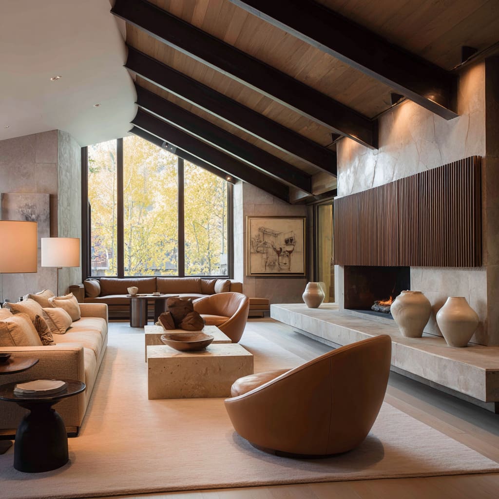 Modern chalet living room design with a steep honey-toned wood ceiling, espresso beams, fluted wood wall, cream sofa, caramel swivel chairs Modern chalet living room design with a steep honey-toned wood ceiling, espresso beams, fluted wood wall, cream sofa, caramel swivel chairs