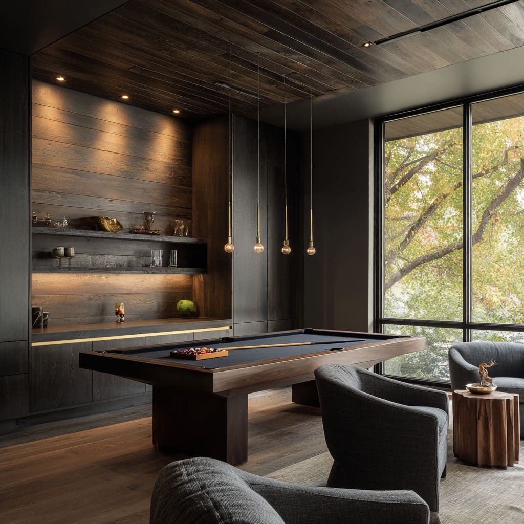 Modern dark wood snooker room with brass pendants, floating shelves, and warm accent lighting creating a calm, balanced atmosphere Modern dark wood snooker room with brass pendants, floating shelves, and warm accent lighting creating a calm, balanced atmosphere