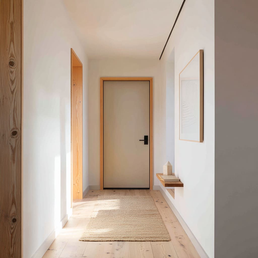 Modern greige door with pale pine frame in a sun-washed hall concept Modern greige door with pale pine frame in a sun-washed hall concept