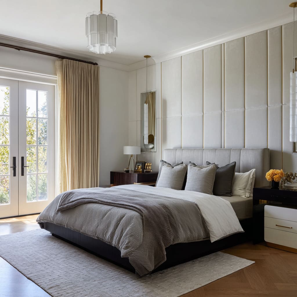 Modern hollywood regency bedroom design with tall padded wall panels, slim brass reveals, beige drapery Modern hollywood regency bedroom design with tall padded wall panels, slim brass reveals, beige drapery
