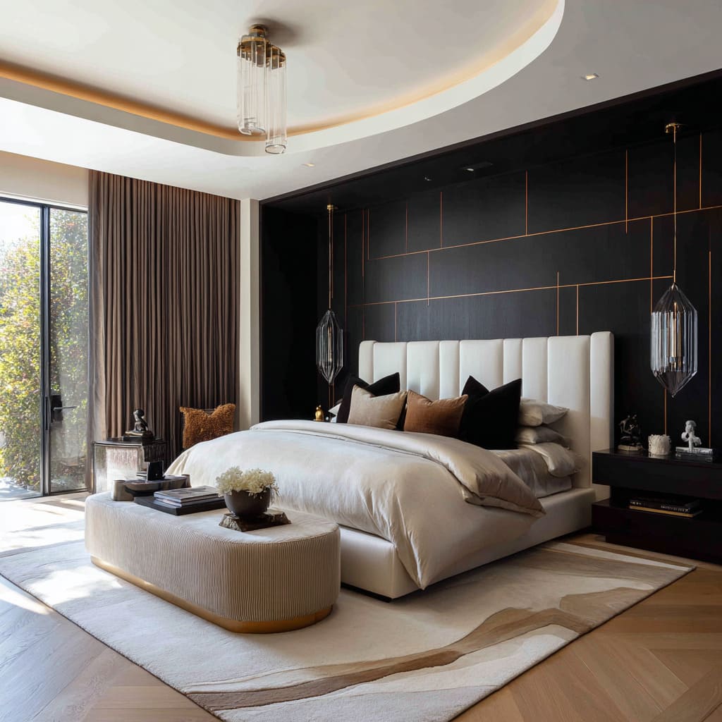 Modern hollywood regency bedroom styling featuring domed ceiling, black-and-gold headwall, pendant lanterns, curved bench Modern hollywood regency bedroom styling featuring domed ceiling, black-and-gold headwall, pendant lanterns, curved bench