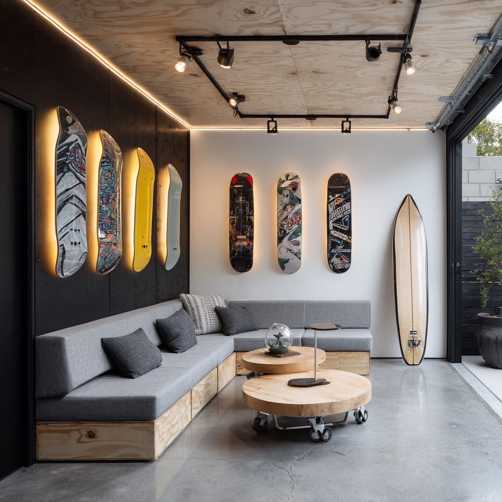 Modern man shed interior with backlit longboard and skateboard display, gray sectional on plywood bases, and polished concrete floor