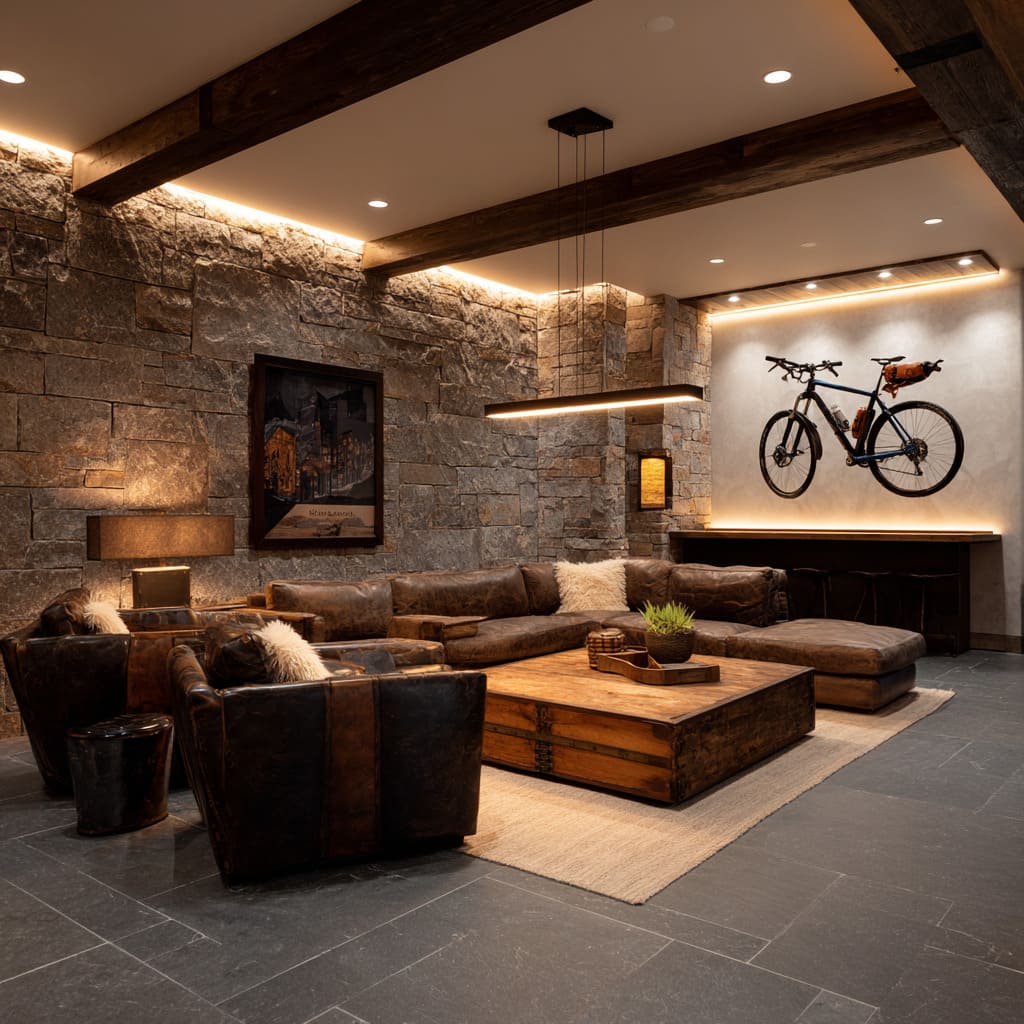 Modern stone-wall luxury man cave design with cove ceiling lighting, wall-mounted bike niche, vintage trunk coffee table Modern stone-wall luxury man cave design with cove ceiling lighting, wall-mounted bike niche, vintage trunk coffee table