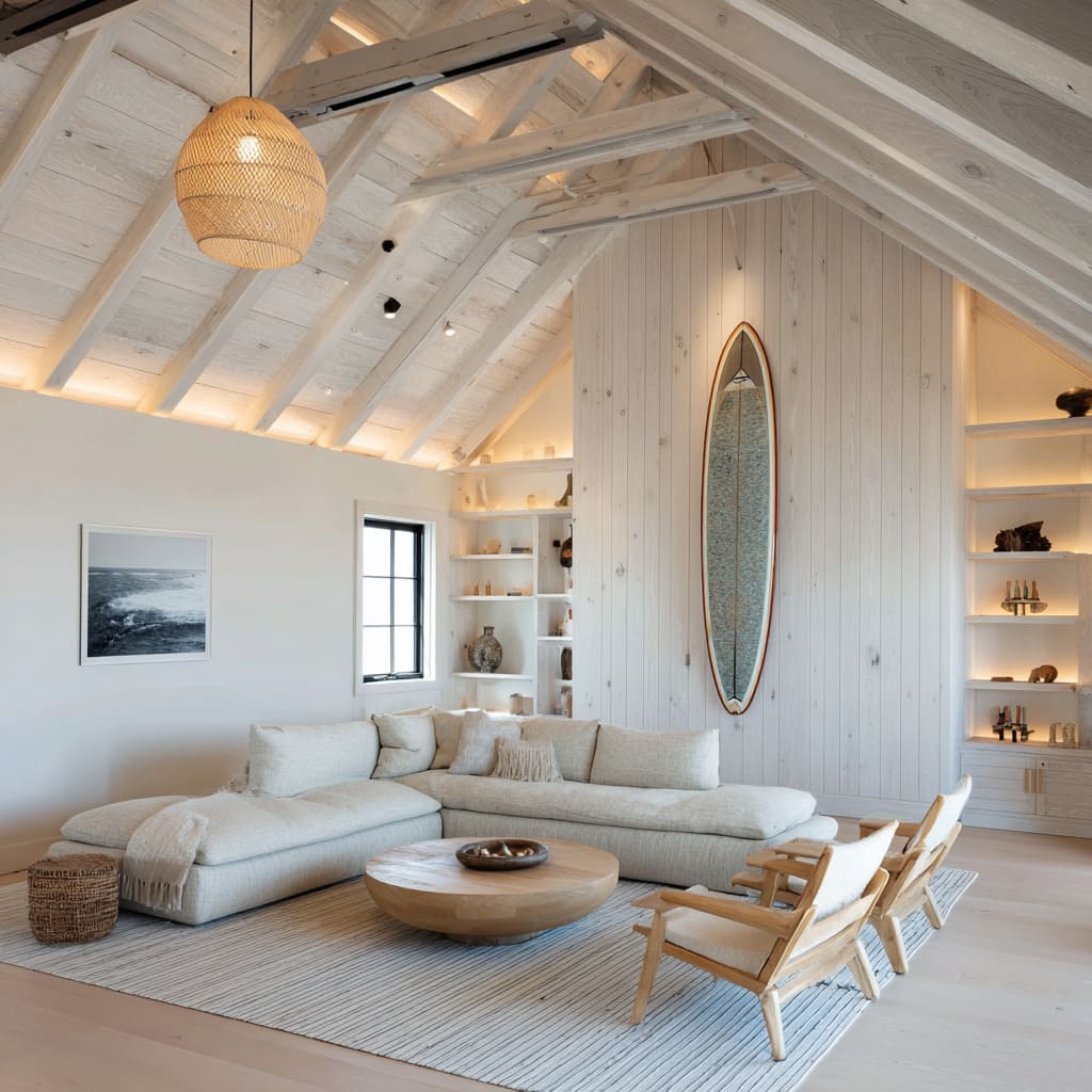 Interiores de choza de surf estilo granero en Montauk con vigas blancas, espejo con forma de tabla de surf, sofá curvo y estantes empotrados retroiluminados. Interiores de choza de surf estilo granero en Montauk con vigas blancas, espejo con forma de tabla de surf, sofá curvo y estantes empotrados retroiluminados.