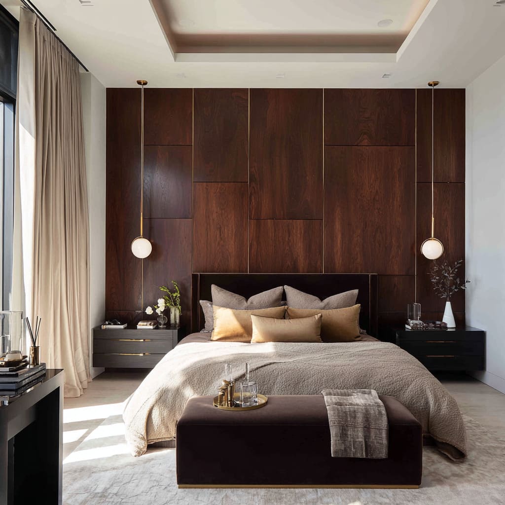 Moody hollywood regency bedroom design with espresso wood headwall, brass lines, velvet bedding Moody hollywood regency bedroom design with espresso wood headwall, brass lines, velvet bedding