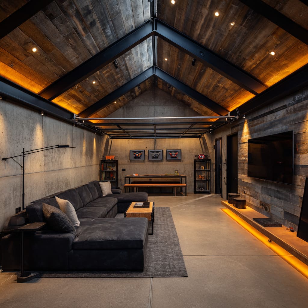Moody steel-framed garage man cave ideas with dark wood ceiling, amber eave uplights, reclaimed media wall with toe-lit platform, deep charcoal sofa Moody steel-framed garage man cave ideas with dark wood ceiling, amber eave uplights, reclaimed media wall with toe-lit platform, deep charcoal sofa