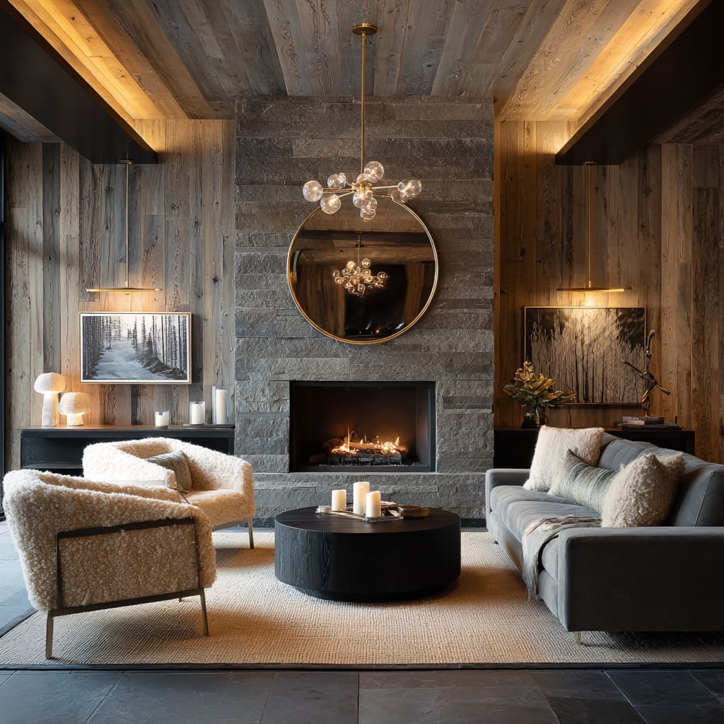 Moody timber great room design with glowing beam coves, charcoal stone fireplace, brass-hooped mirror, graphite velvet sofa Moody timber great room design with glowing beam coves, charcoal stone fireplace, brass-hooped mirror, graphite velvet sofa
