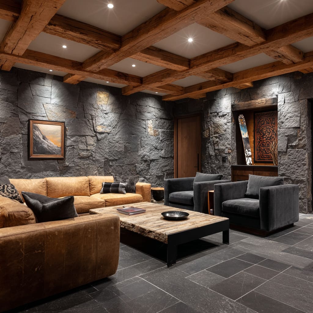 Mountain-inspired luxury man cave setup with large fractured stone walls, exposed timber beams, caramel leather sofas Mountain-inspired luxury man cave setup with large fractured stone walls, exposed timber beams, caramel leather sofas
