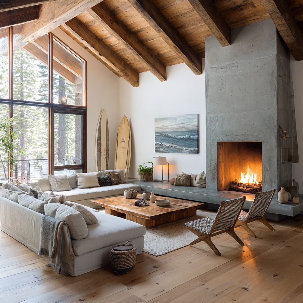 Interiores de choza de surf estilo montaña con tres tablas en pie, mesa de madera recuperada, banco de concreto frente a la chimenea y telas neutras junto a ventanales panorámicos. Interiores de choza de surf estilo montaña con tres tablas en pie, mesa de madera recuperada, banco de concreto frente a la chimenea y telas neutras junto a ventanales panorámicos.