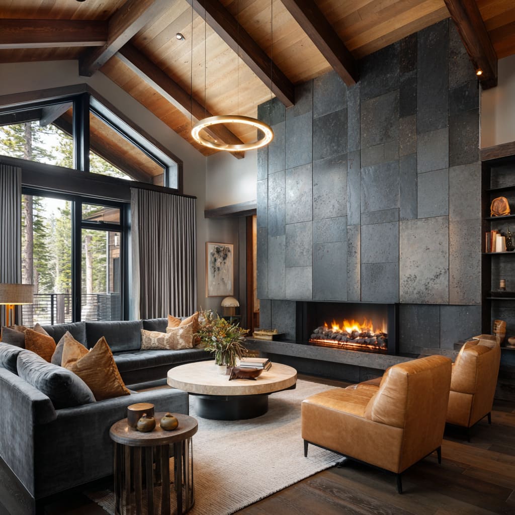 Mountain style interior with cathedral ceiling, oversized slate panels, U-shaped sectional, leather club chairs Mountain style interior with cathedral ceiling, oversized slate panels, U-shaped sectional, leather club chairs