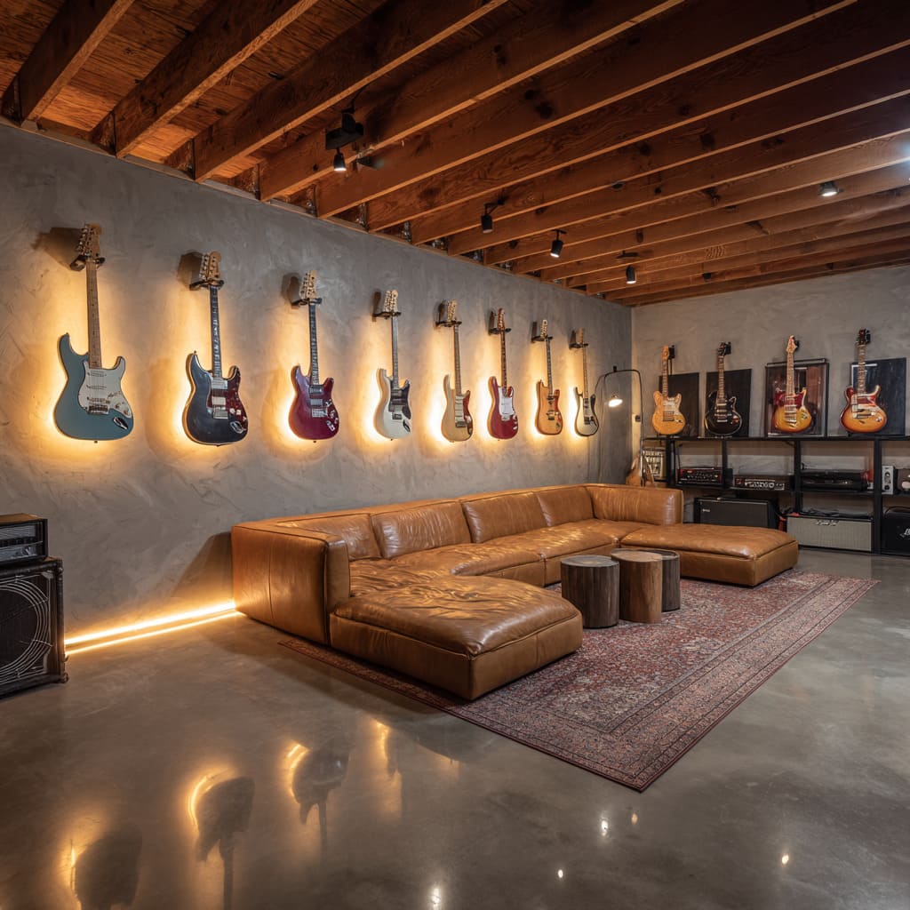 Music-focused garage man cave design with illuminated guitar wall, caramel leather sectional, raw wood stump tables, vintage rug Music-focused garage man cave design with illuminated guitar wall, caramel leather sectional, raw wood stump tables, vintage rug