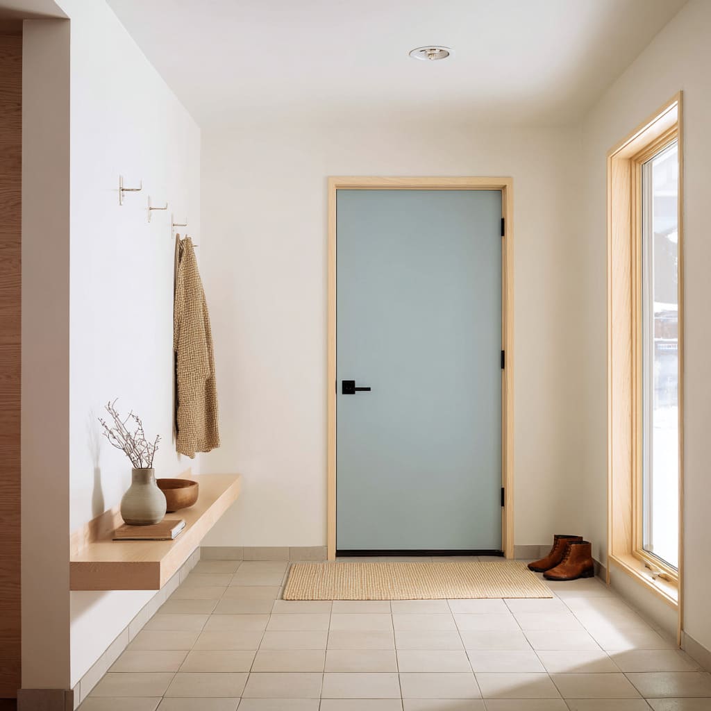 Muted blue door with natural pine frame repeating at the window Muted blue door with natural pine frame repeating at the window