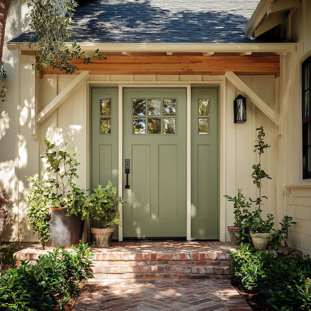 Muted moss-green cottage door with square lites, cream board-and-batten siding, brick steps, and soft olive planting Muted moss-green cottage door with square lites, cream board-and-batten siding, brick steps, and soft olive planting