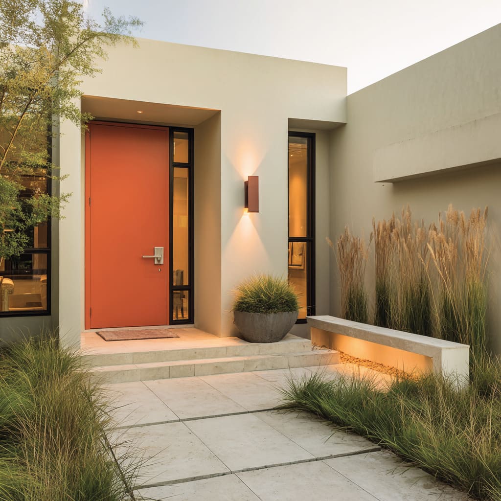 Muted terracotta-peach entry door in sand-tone stucco courtyard with grasses, concrete bench Muted terracotta-peach entry door in sand-tone stucco courtyard with grasses, concrete bench