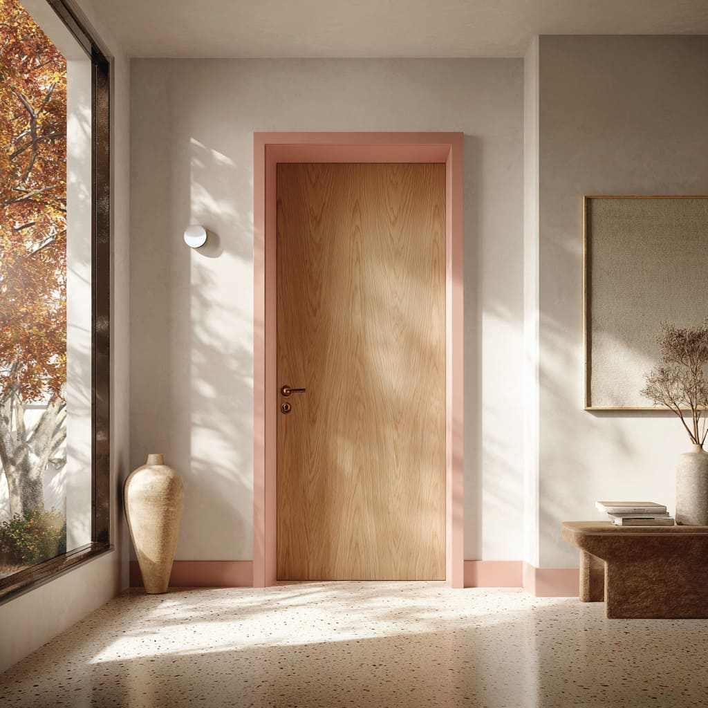 Natural oak look door with blush-pink frame and base on terrazzo Natural oak look door with blush-pink frame and base on terrazzo