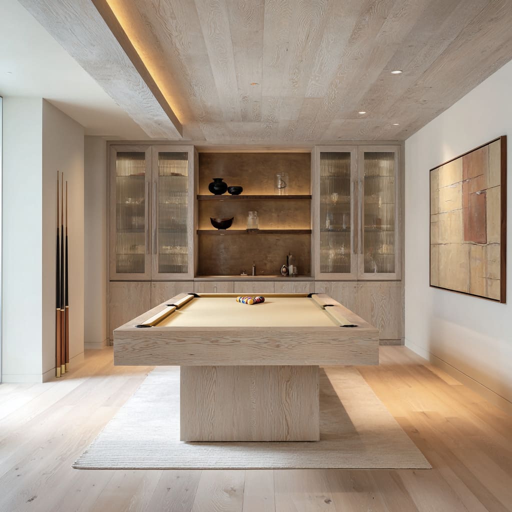 Neutral snooker room ideas with bleached oak, fluted glass doors, sand felt table, and warm ceiling cove light Neutral snooker room ideas with bleached oak, fluted glass doors, sand felt table, and warm ceiling cove light