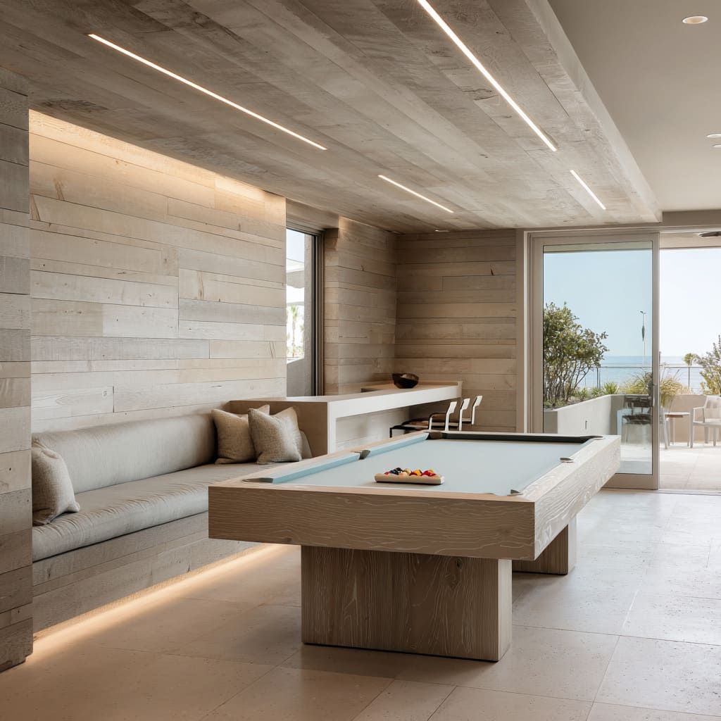 Nice coastal snooker room interior with pale planks, aqua felt, under-seat lighting, and open symmetry toward glass doors Nice coastal snooker room interior with pale planks, aqua felt, under-seat lighting, and open symmetry toward glass doors