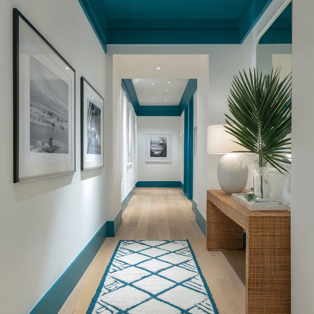 Nice hallway design with deep teal skirting and ceiling band, off-white walls, pale oak floors, and rattan furniture blending cool coastal tones
