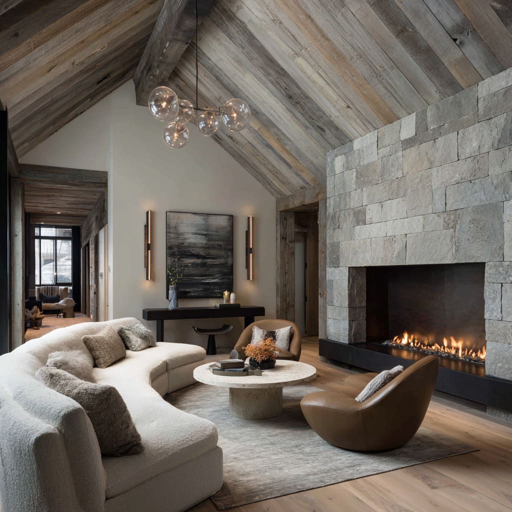 Nice warm-toned chalet living room design with silvered wood ceiling, low stone fireplace, curved sectional seating Nice warm-toned chalet living room design with silvered wood ceiling, low stone fireplace, curved sectional seating