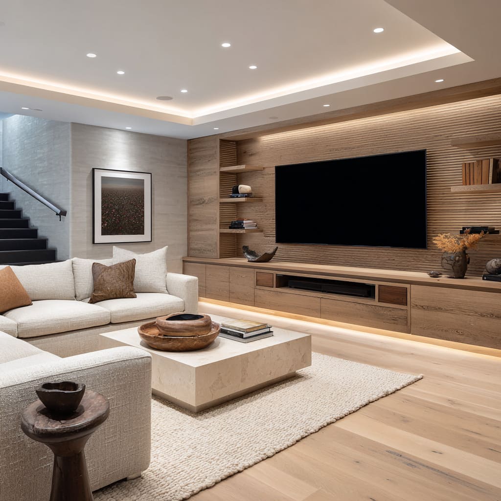 Oak-forward media wall design with ribbed panel, warm toekick lighting, boxy stone-tone sectional, chunky limestone block table Oak-forward media wall design with ribbed panel, warm toekick lighting, boxy stone-tone sectional, chunky limestone block table