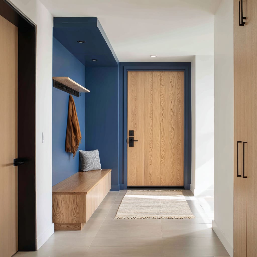 Oak look door with deep blue frame in a mudroom nook interior Oak look door with deep blue frame in a mudroom nook interior