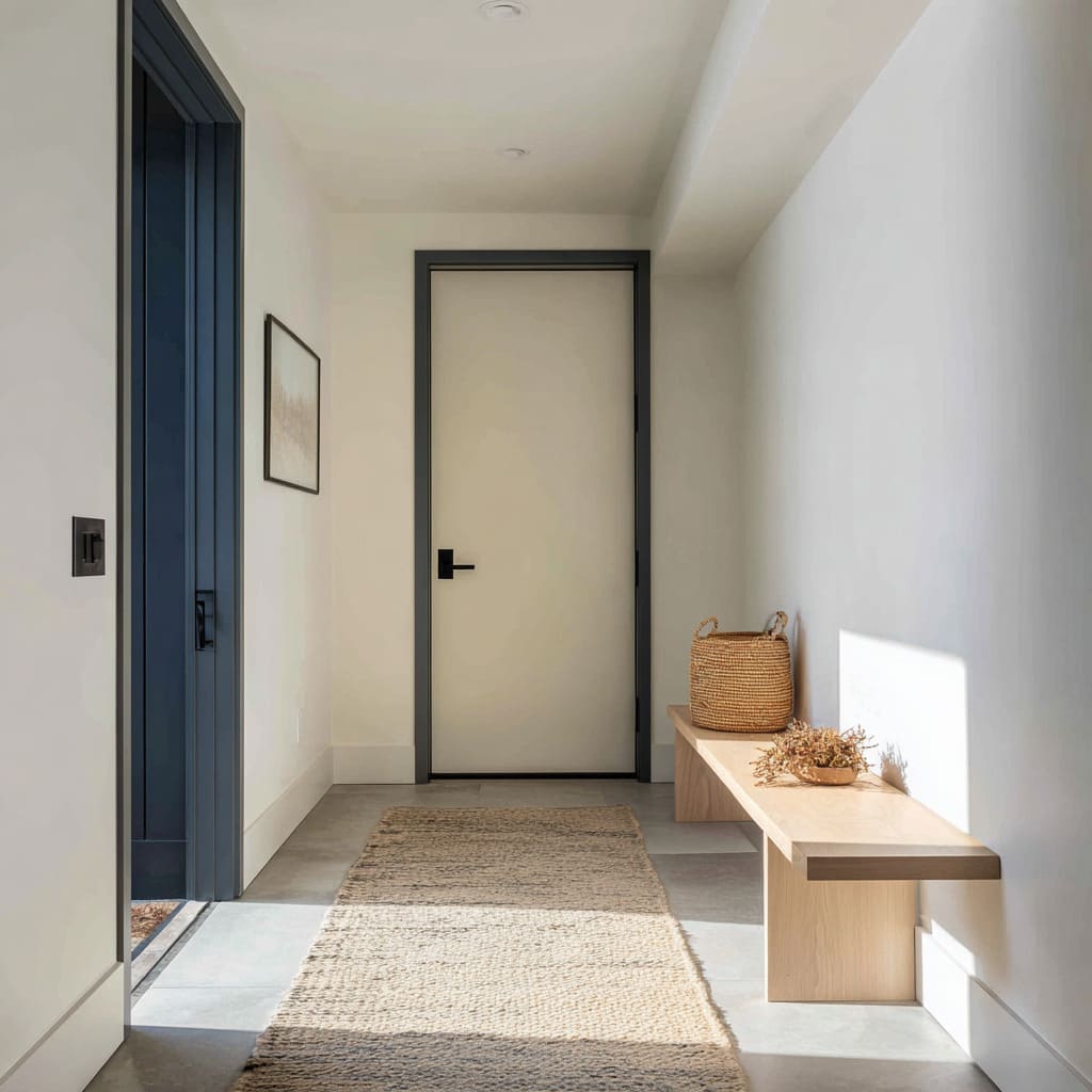 Off-white door with slate-blue frames and a balanced set of warm-cool notes Off-white door with slate-blue frames and a balanced set of warm-cool notes