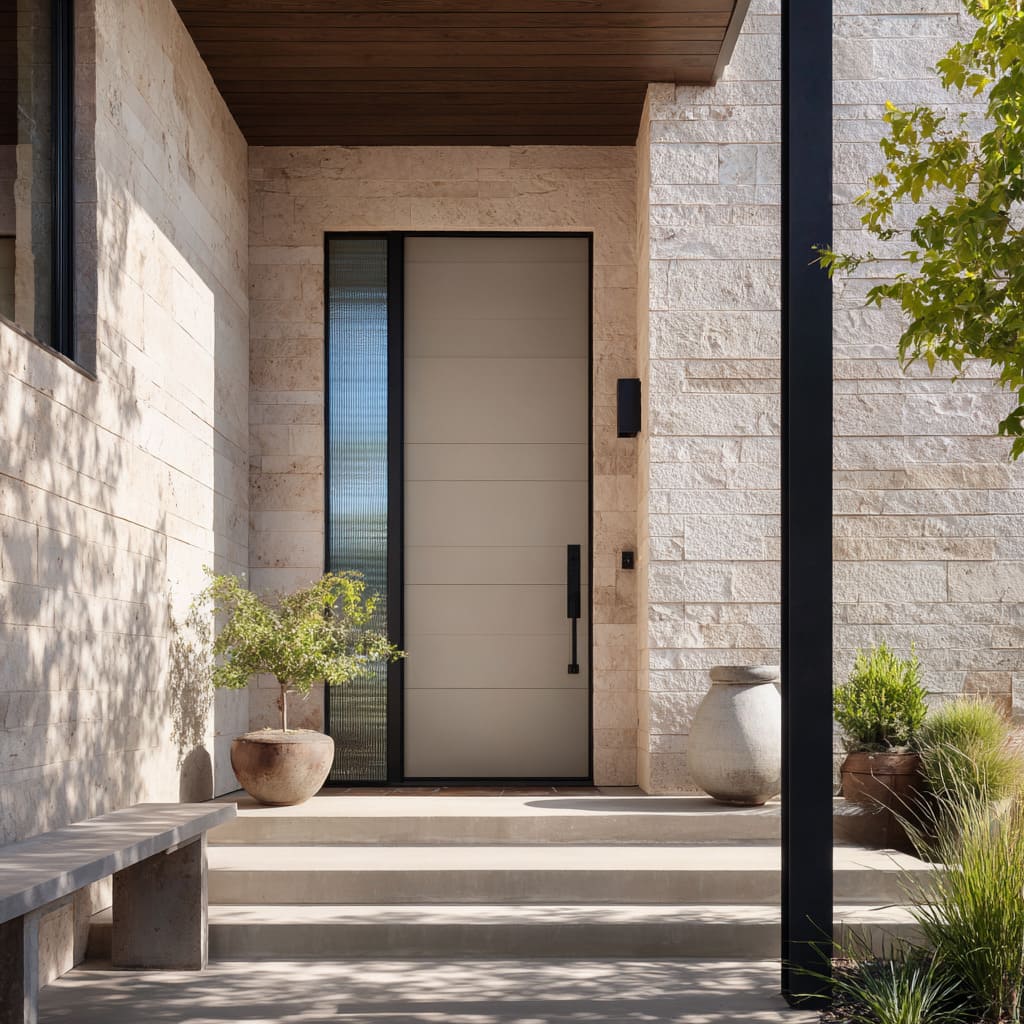 Pale stone-gray door with black outline, reeded glass sidelite, light limestone walls Pale stone-gray door with black outline, reeded glass sidelite, light limestone walls