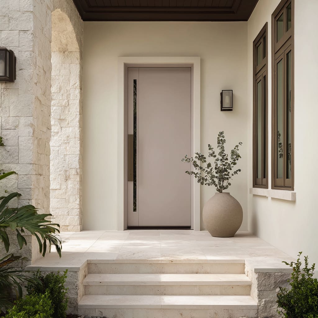 Pastel lavender-gray modern door with thin glass slit, bronze accents, pale limestone arch Pastel lavender-gray modern door with thin glass slit, bronze accents, pale limestone arch