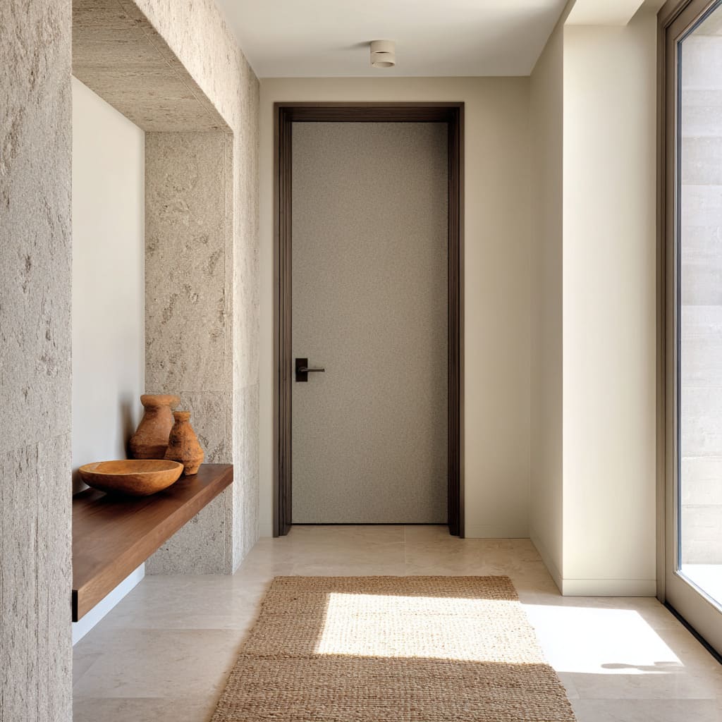 Pebbled gray door with deep cocoa frame against rough stone Pebbled gray door with deep cocoa frame against rough stone